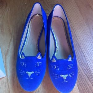Charlotte Olympia Suede Kitty flats.